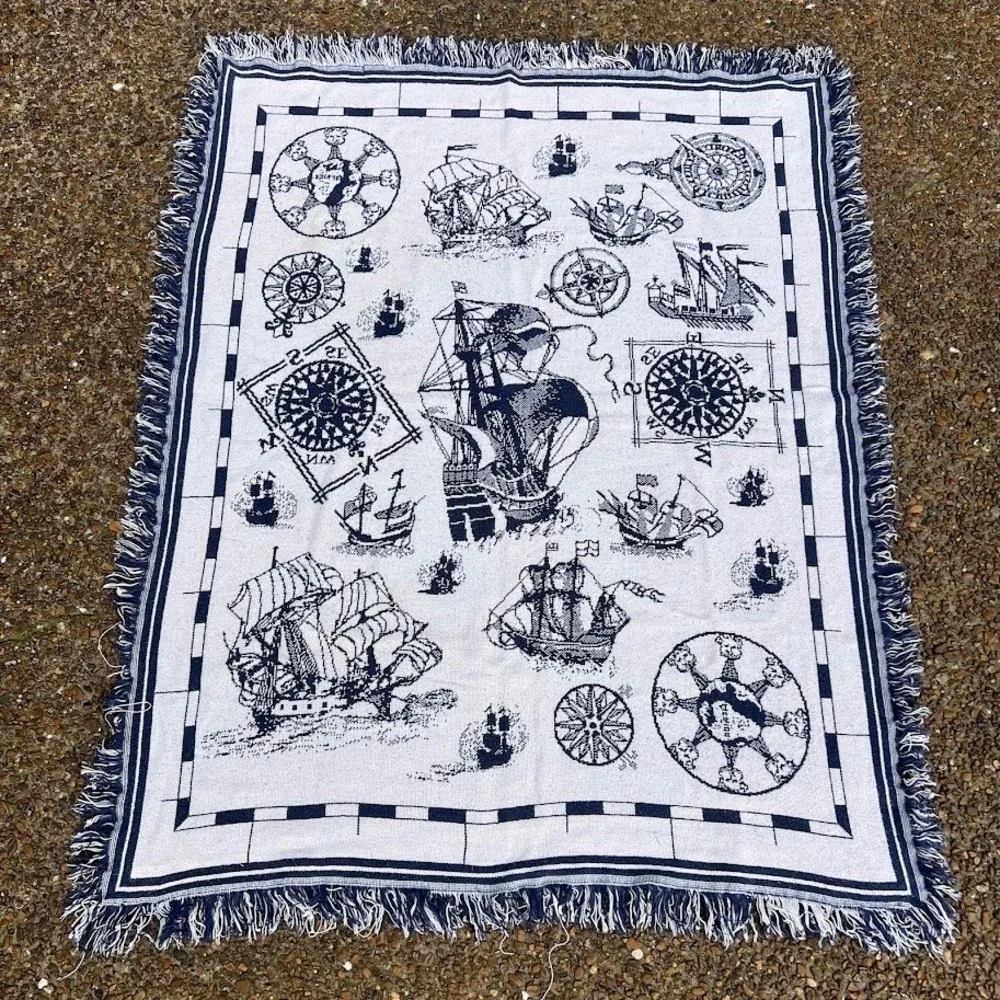 Vintage Nautical Sailing Ships Woven Tapestry Blanket Navy Blue Compass Maritime